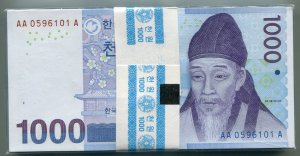 한국은행 다1000원권 다발(3차퇴계이황)AA0596101A 미사용품